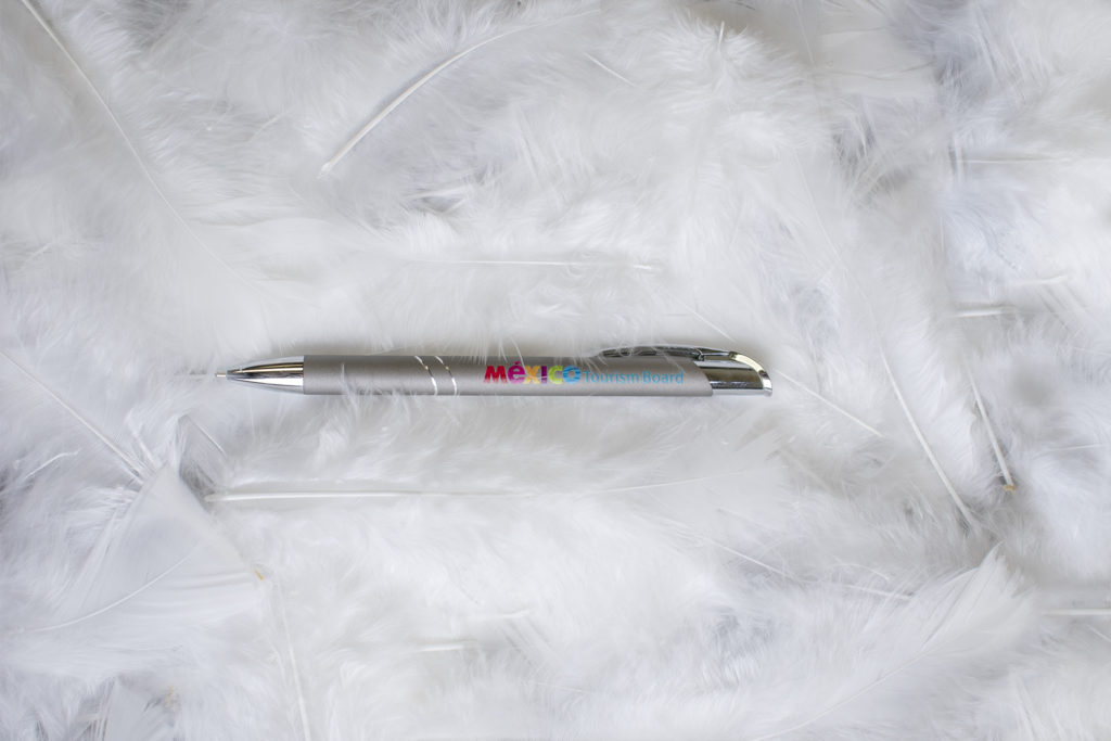 Top Cat Comfort promotional pen with full color imprint on white festhers