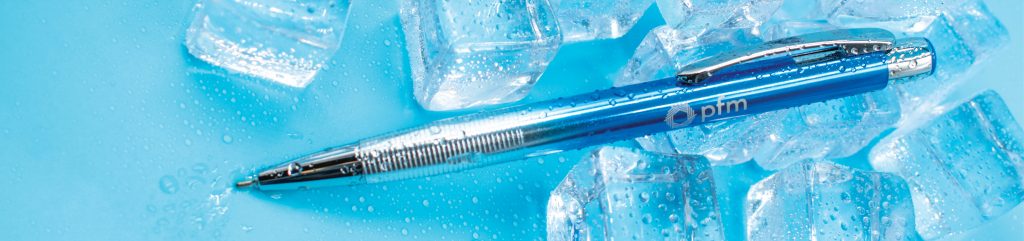 Blue promotional metal pen with ombre shading and hybrid ink resting on ice cubes